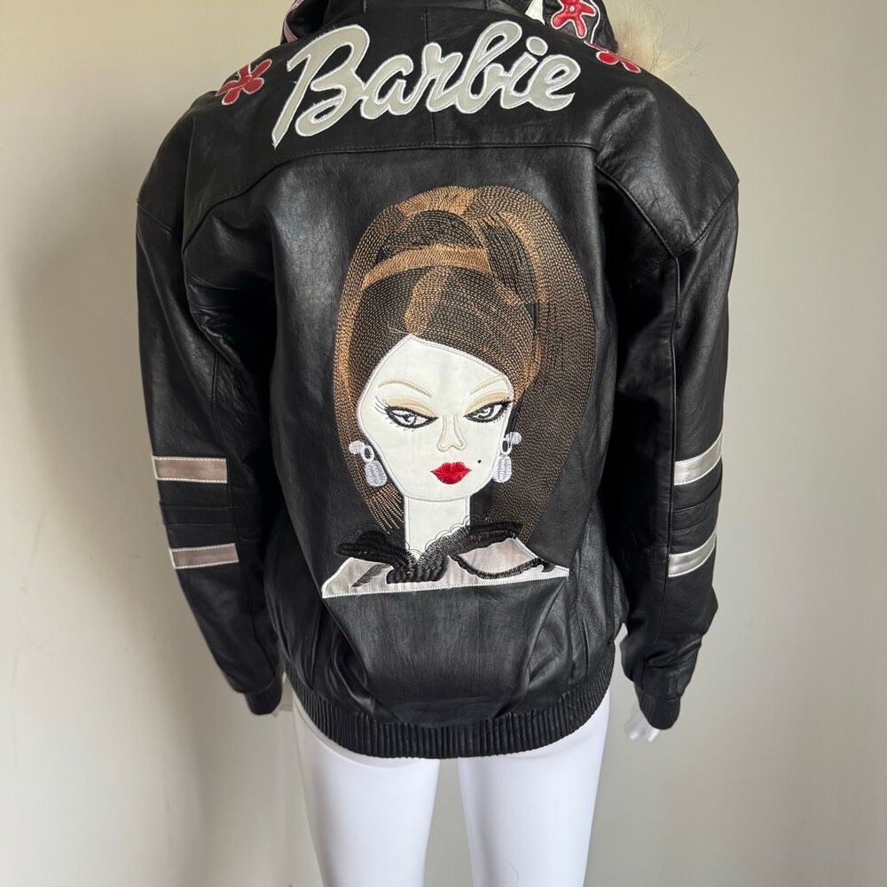 Barbie Custom Embroidered Glam Graphic Leather Jacket With Faux Fur Hood - Picture 5 of 13